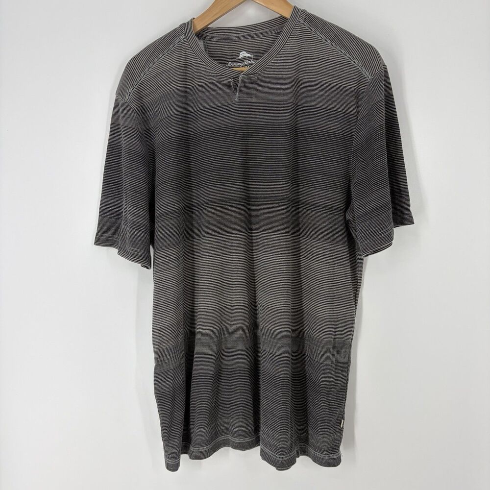 Tommy Bahama T Shirt Size Medium Mens Gray Ocean Keys Stripe Split Neck Henley